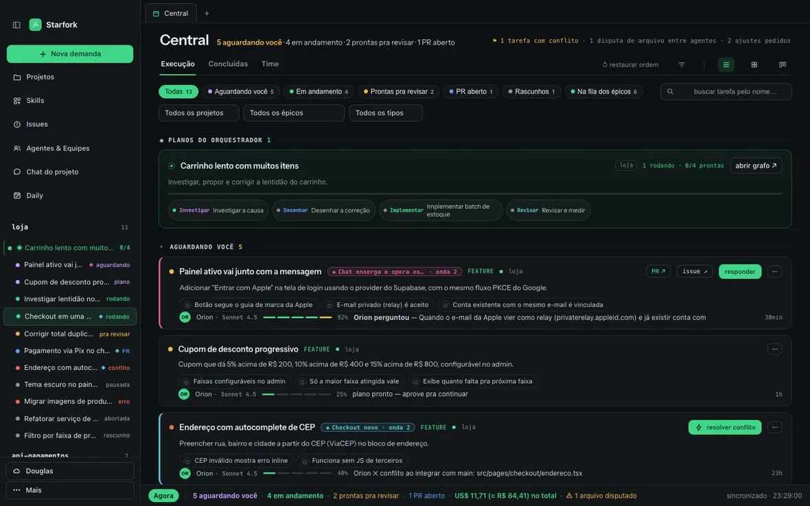 Central do Starfork: várias tarefas ao mesmo tempo, com o que cada uma espera de você