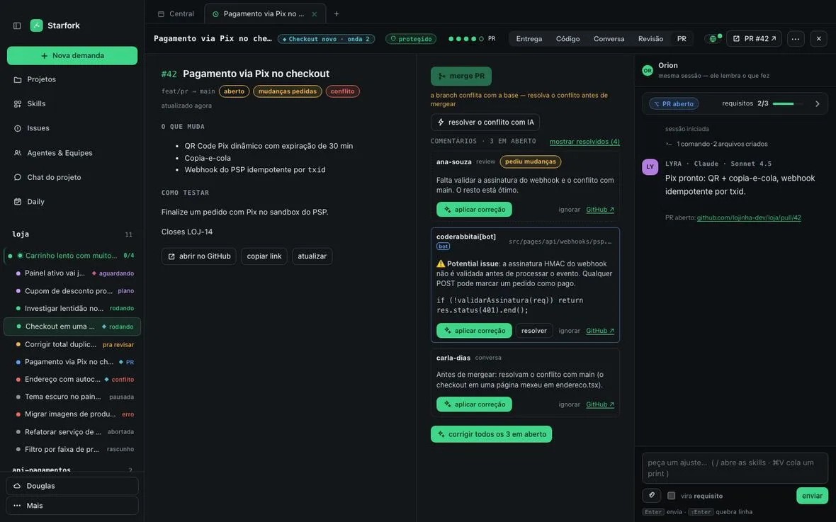 Revisão do pull request dentro do Starfork, com comentários e botão para aplicar a correção com IA